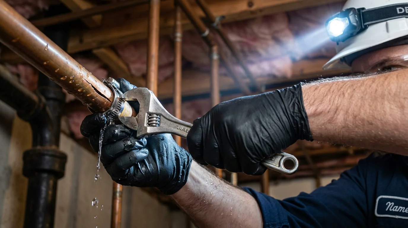Emergency pipe clamp repair being performed by a Johns Plumbing LLC plumber in Hollywood